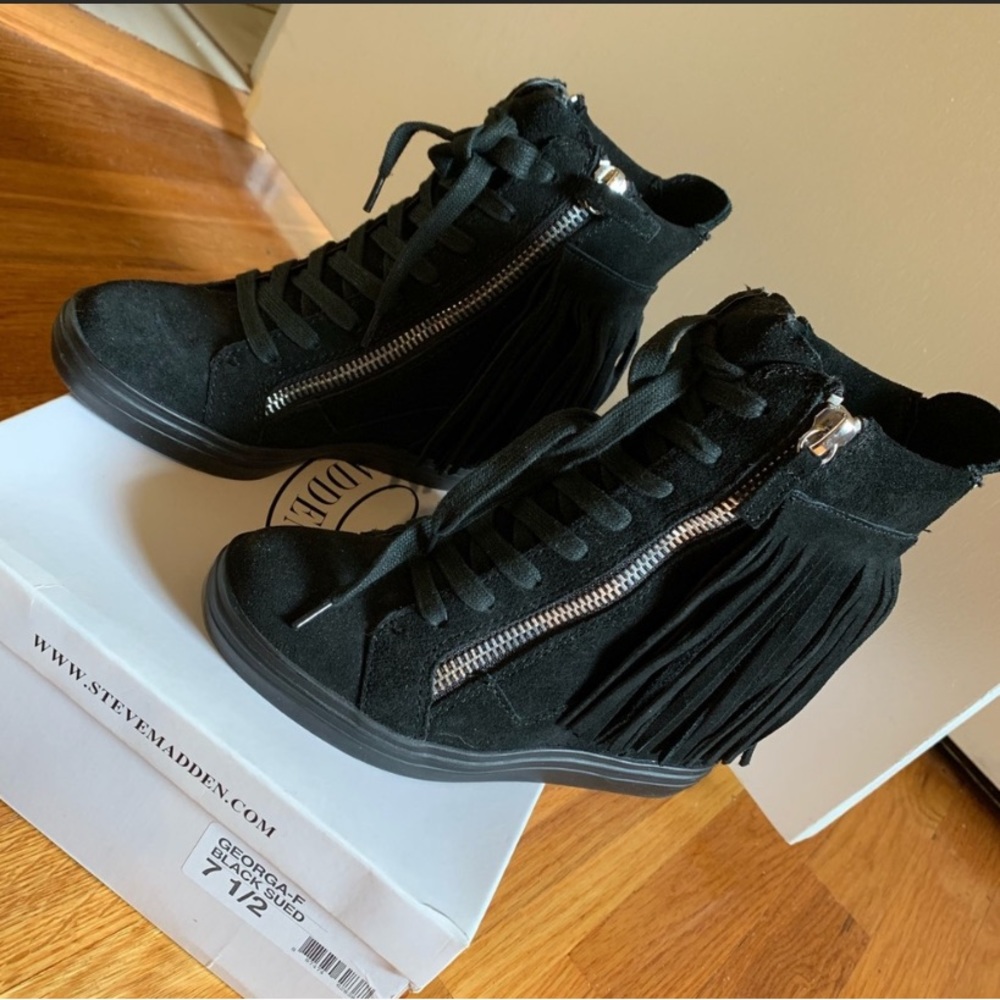 Steve Madden Black Suede Fringe Black Sneakers